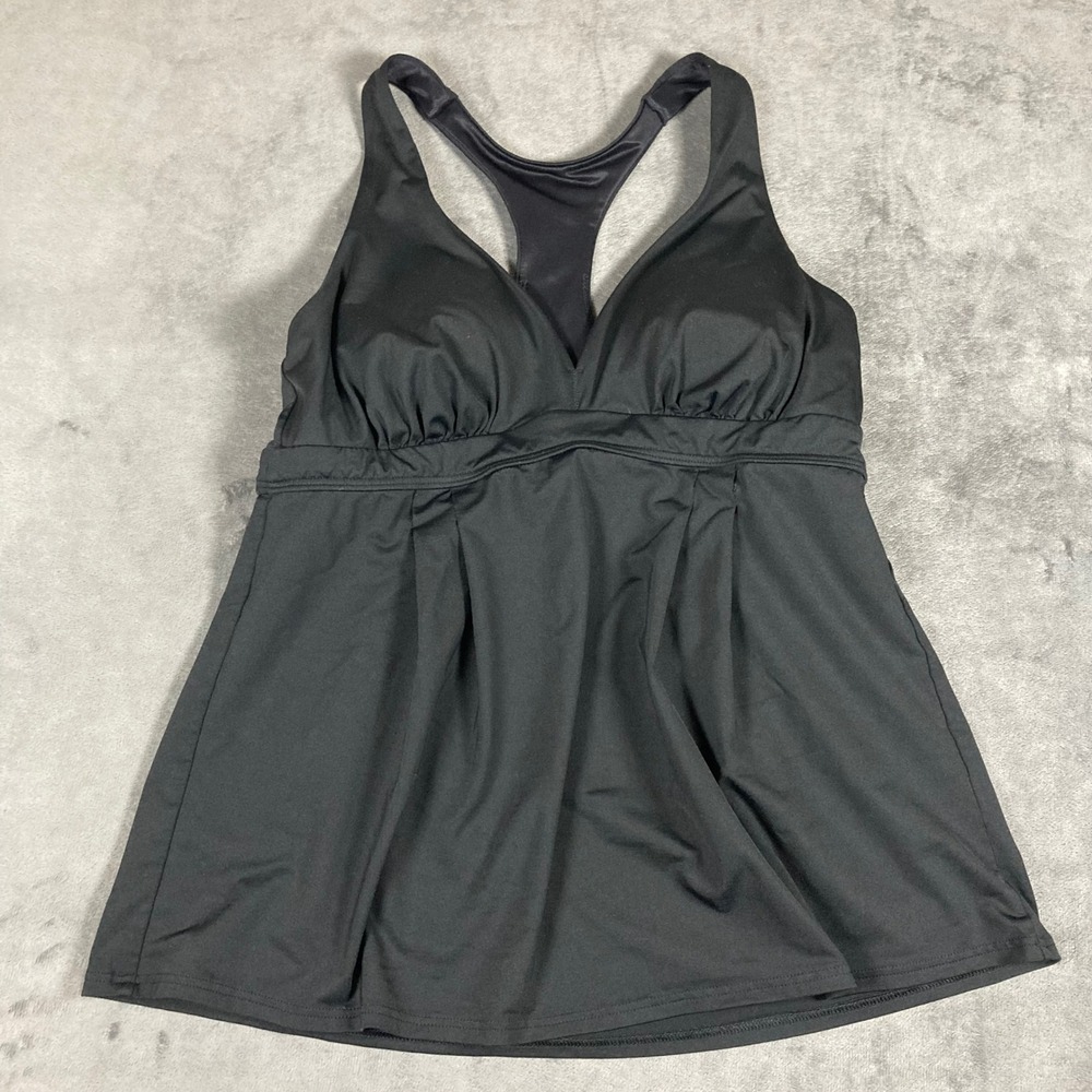 Lands End Black Racerback Tankini Swim Top V-Neck Pleated Petite 10P